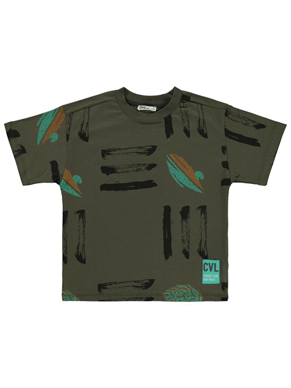 Haki Boys Üç Çizgi Emprime Cvl Etiketli 6-9 Yaş Tişört-1