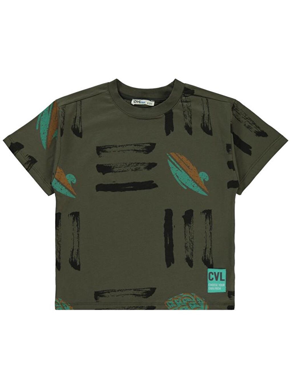 Haki Boys Üç Çizgi Emprime Cvl Etiketli 6-9 Yaş Tişört-2