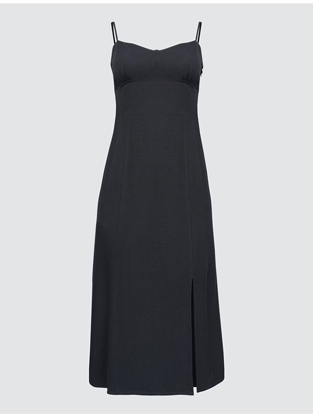 Siyah Askılı Düz Yırtmaçlı Midi Elbise