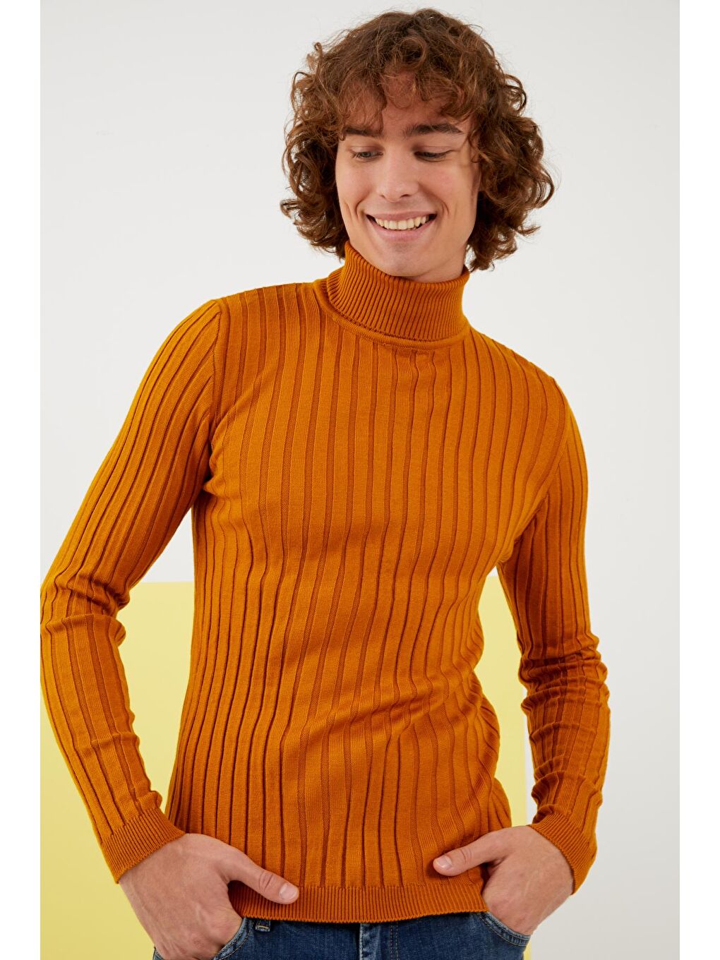 Erkek Hardal Sarısı Balıkçı Yaka Fitilli Basic Triko Kazak