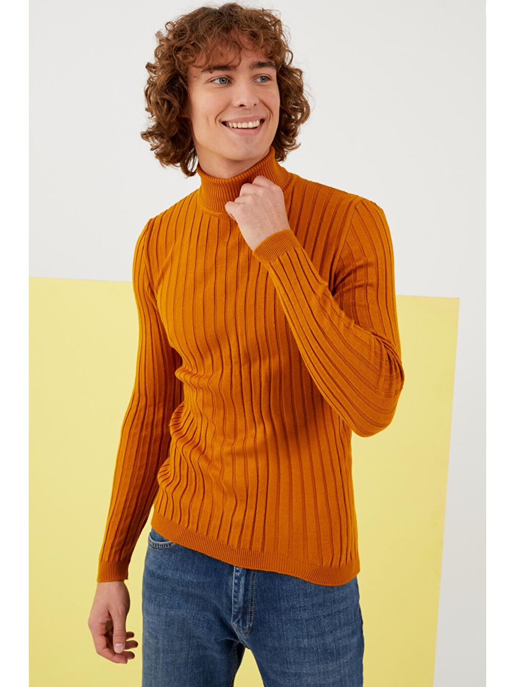 Erkek Hardal Sarısı Balıkçı Yaka Fitilli Basic Triko Kazak-1