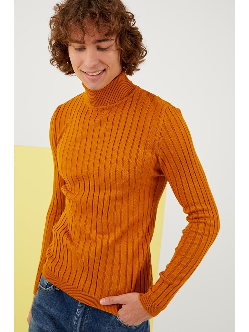 Erkek Hardal Sarısı Balıkçı Yaka Fitilli Basic Triko Kazak-3