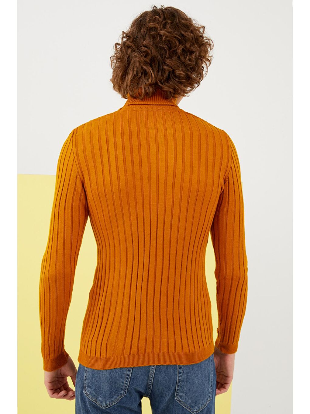Erkek Hardal Sarısı Balıkçı Yaka Fitilli Basic Triko Kazak-4