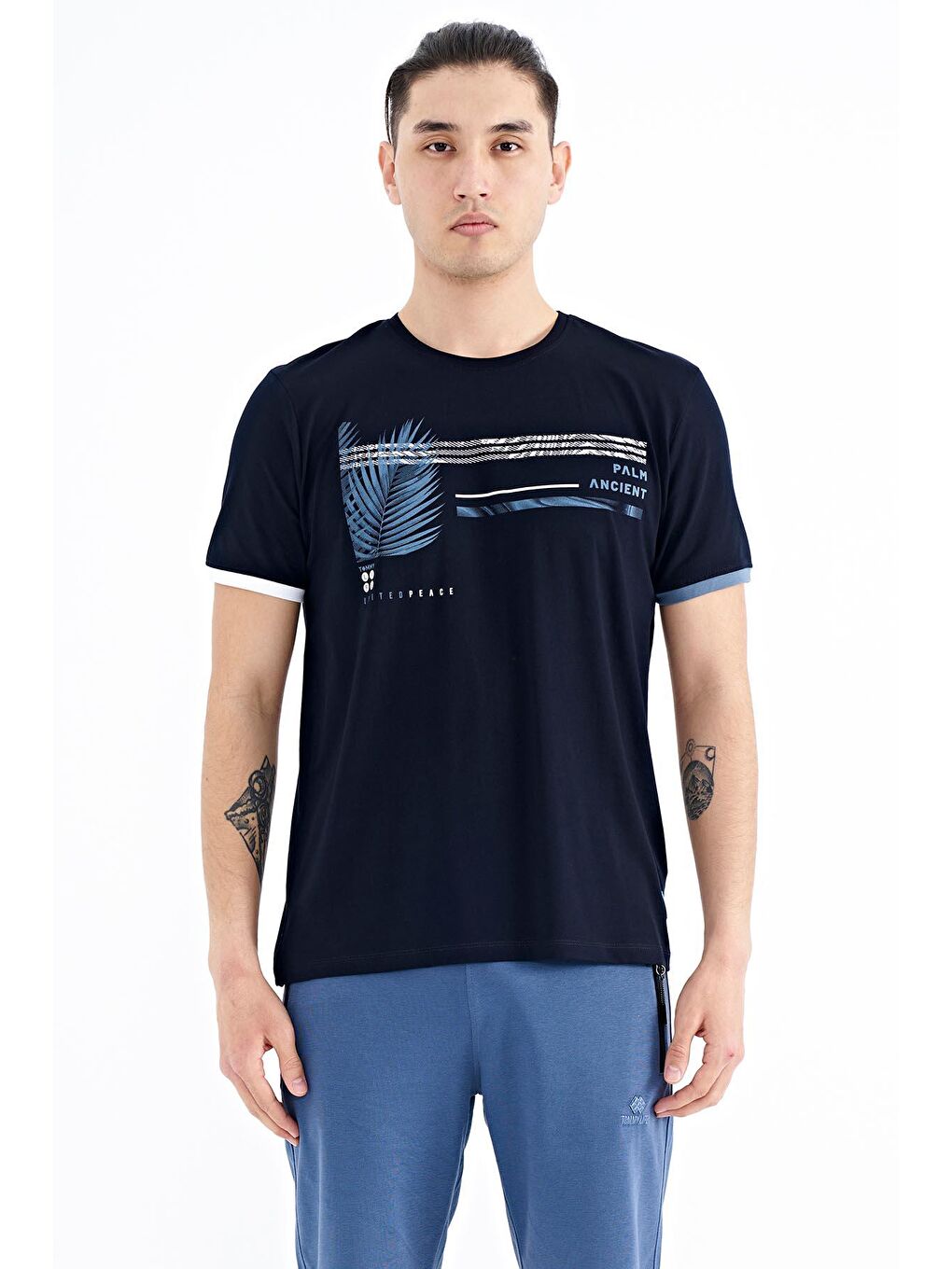 Lacivert Yazı Desen Baskılı O Yaka Standart Kalıp Erkek Tişört - 88183