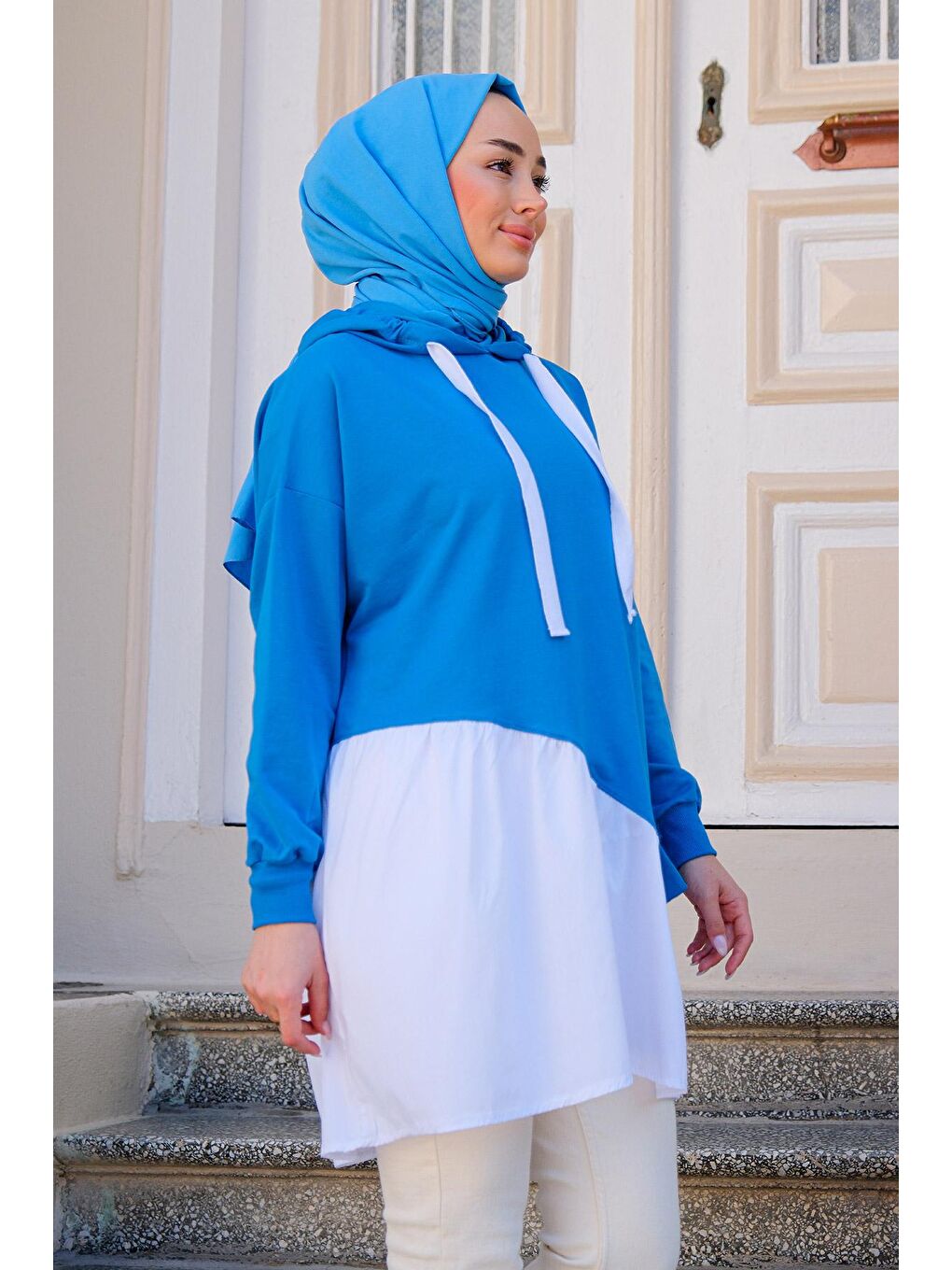 Kadın Kapüşonlu Tunik Mavi-4