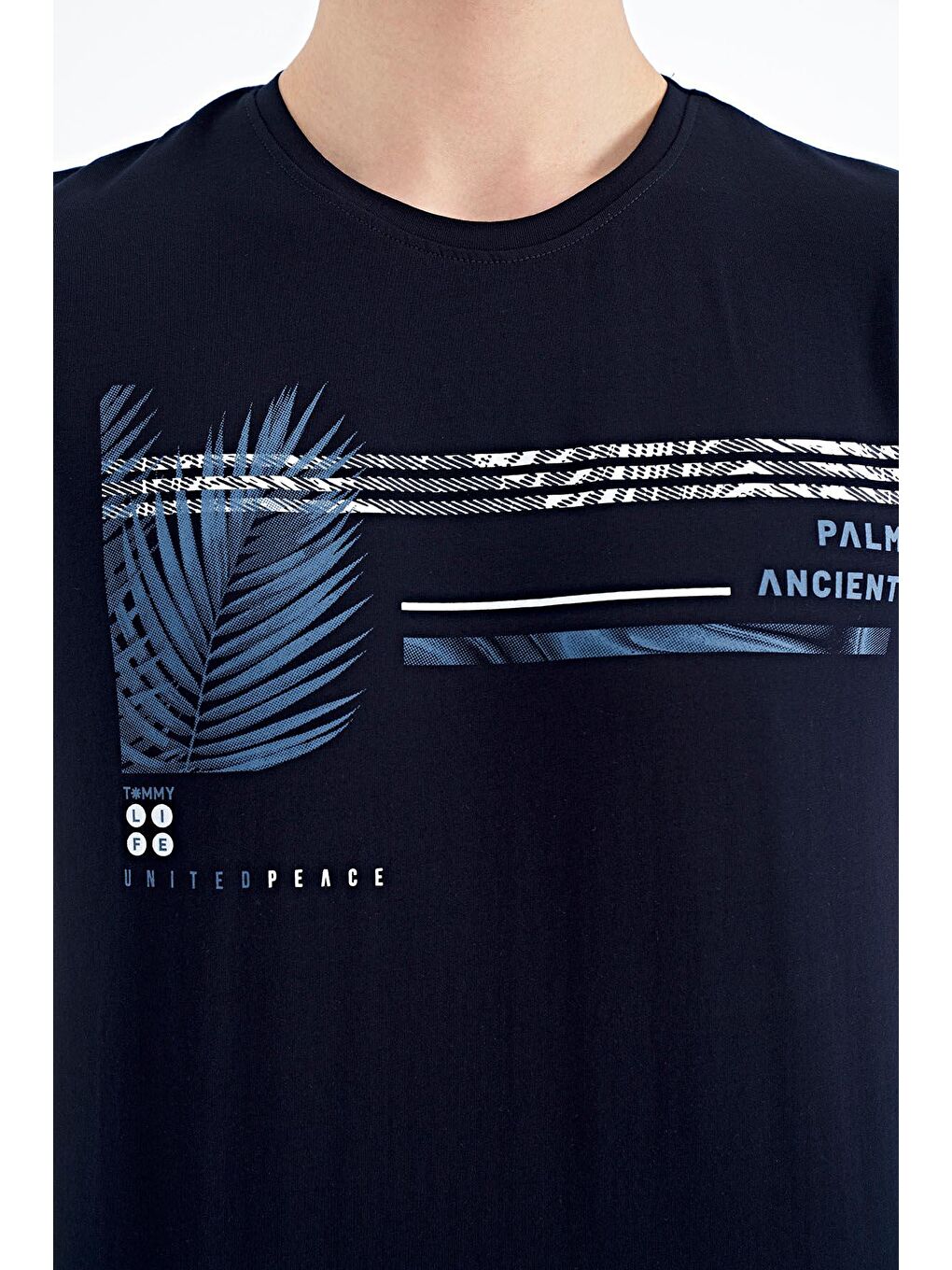 Lacivert Yazı Desen Baskılı O Yaka Standart Kalıp Erkek Tişört - 88183-1