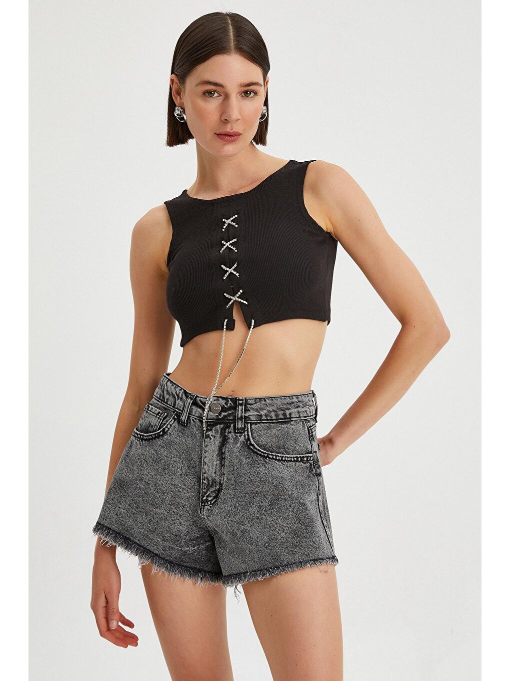 Siyah Kadın Ön Zincir Bağlama Kolsuz Crop Body-3