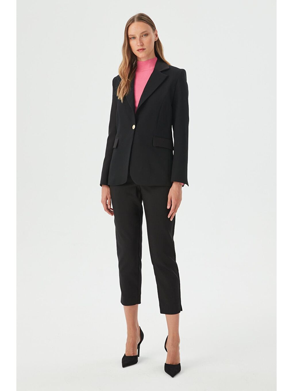 Kadın Siyah Tek Düğmeli Dar Kalıp Blazer Ceket-2