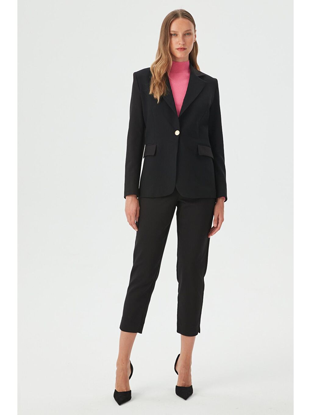 Kadın Siyah Tek Düğmeli Dar Kalıp Blazer Ceket-4
