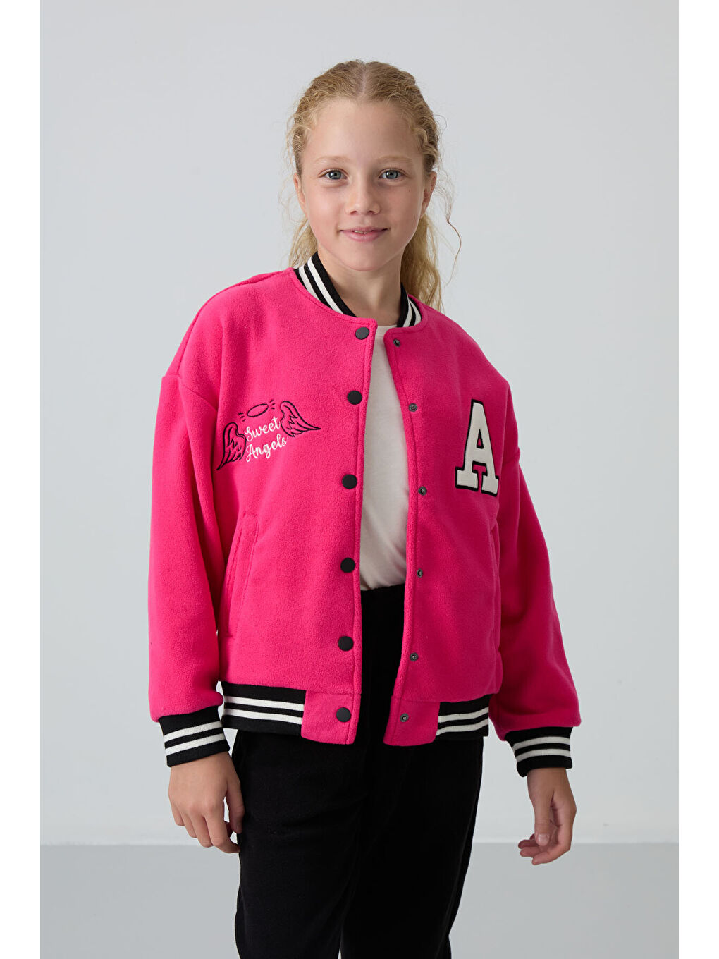 Fuşya Kalın Yumuşak Dokulu Standart Fit Nakışlı Polar Kız Çocuk Kolej Ceket - 75156