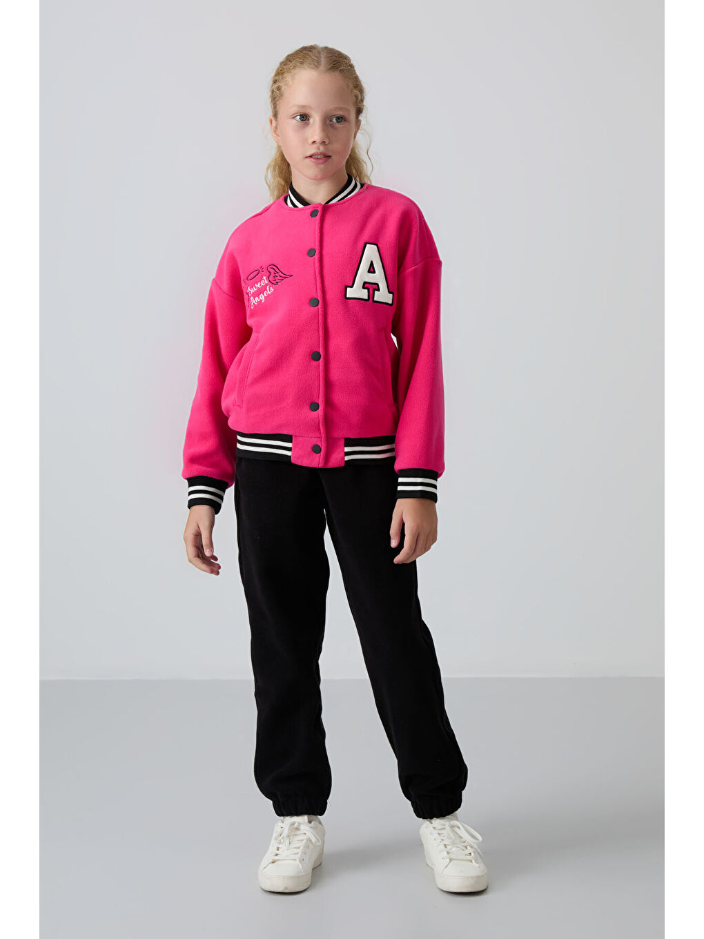 Fuşya Kalın Yumuşak Dokulu Standart Fit Nakışlı Polar Kız Çocuk Kolej Ceket - 75156-2