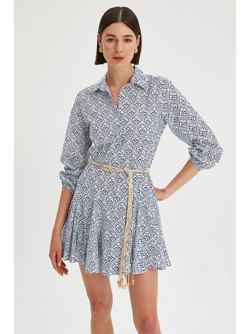 Lacivert Kadın Eteği Volanlı Desenli Deri Kemerli Gömlek Elbise