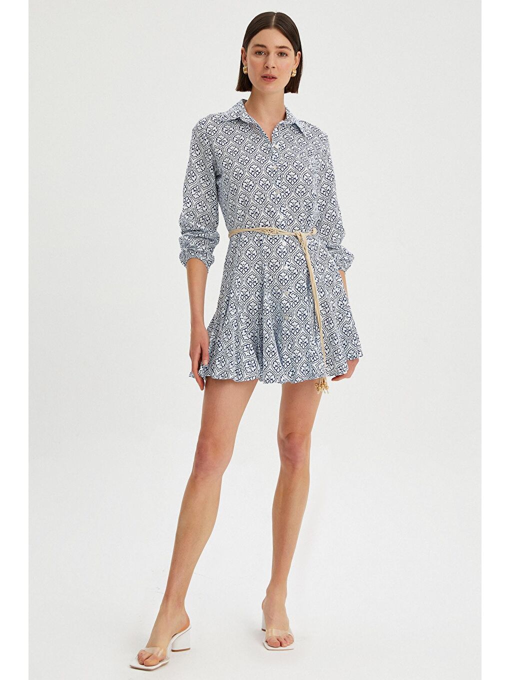 Lacivert Kadın Eteği Volanlı Desenli Deri Kemerli Gömlek Elbise-1