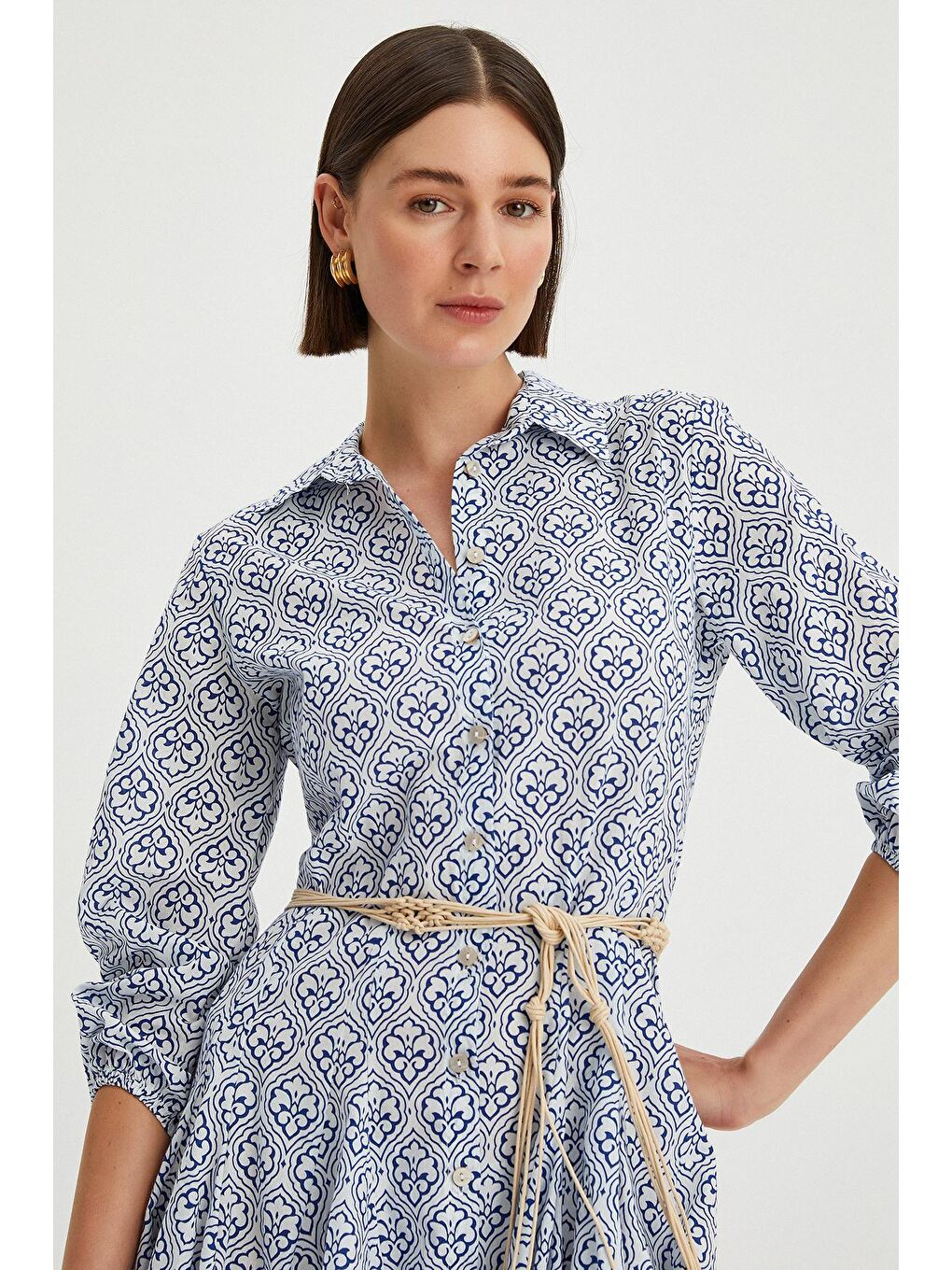 Lacivert Kadın Eteği Volanlı Desenli Deri Kemerli Gömlek Elbise-3