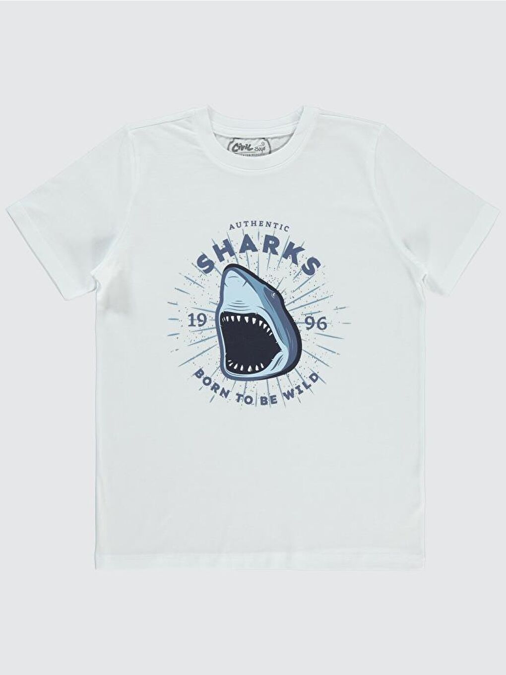 Beyaz Boys Shark Baskılı 10-13 Yaş Tişört-1