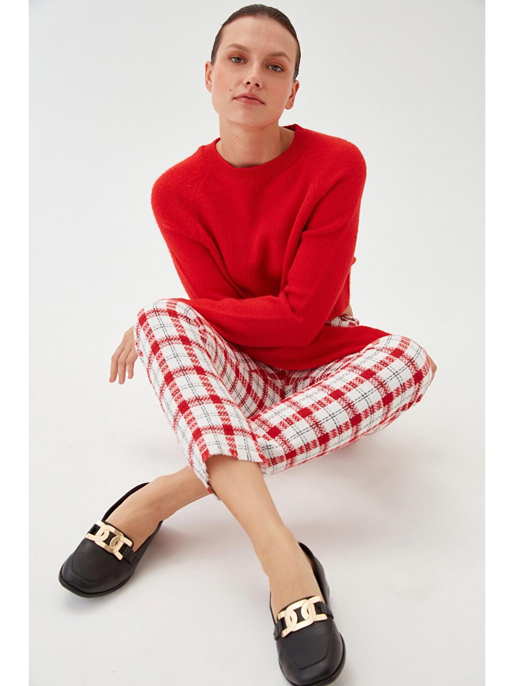 Kadın Kırmızı Ekose Desen Düğmeli Klasik Pantolon