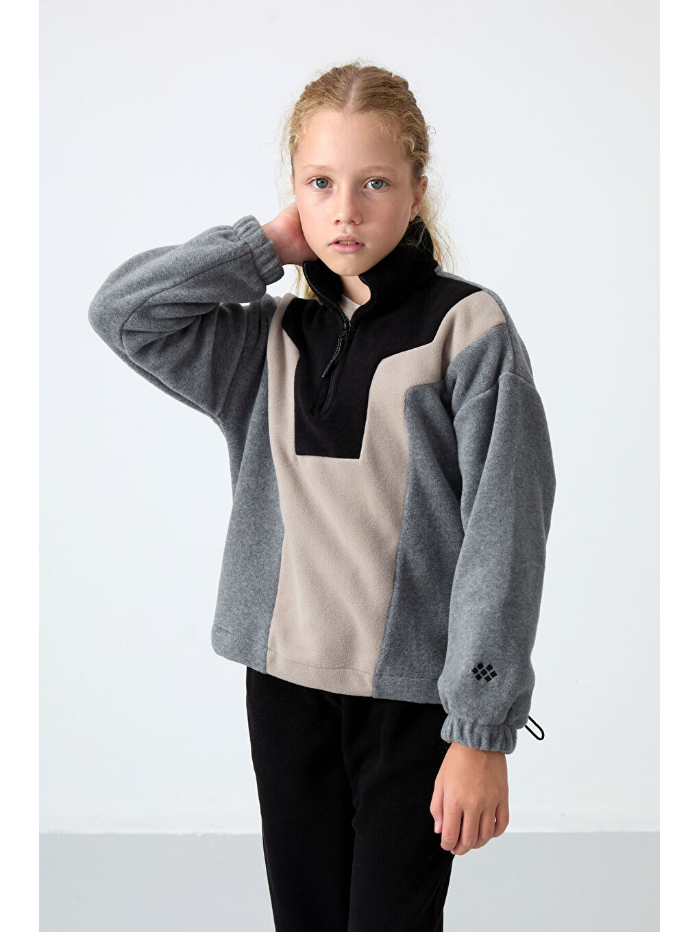 Gri Melanj Kalın Yumuşak Dokulu Oversize Nakışlı Polar Kız Çocuk Sweatshirt - 75153-2