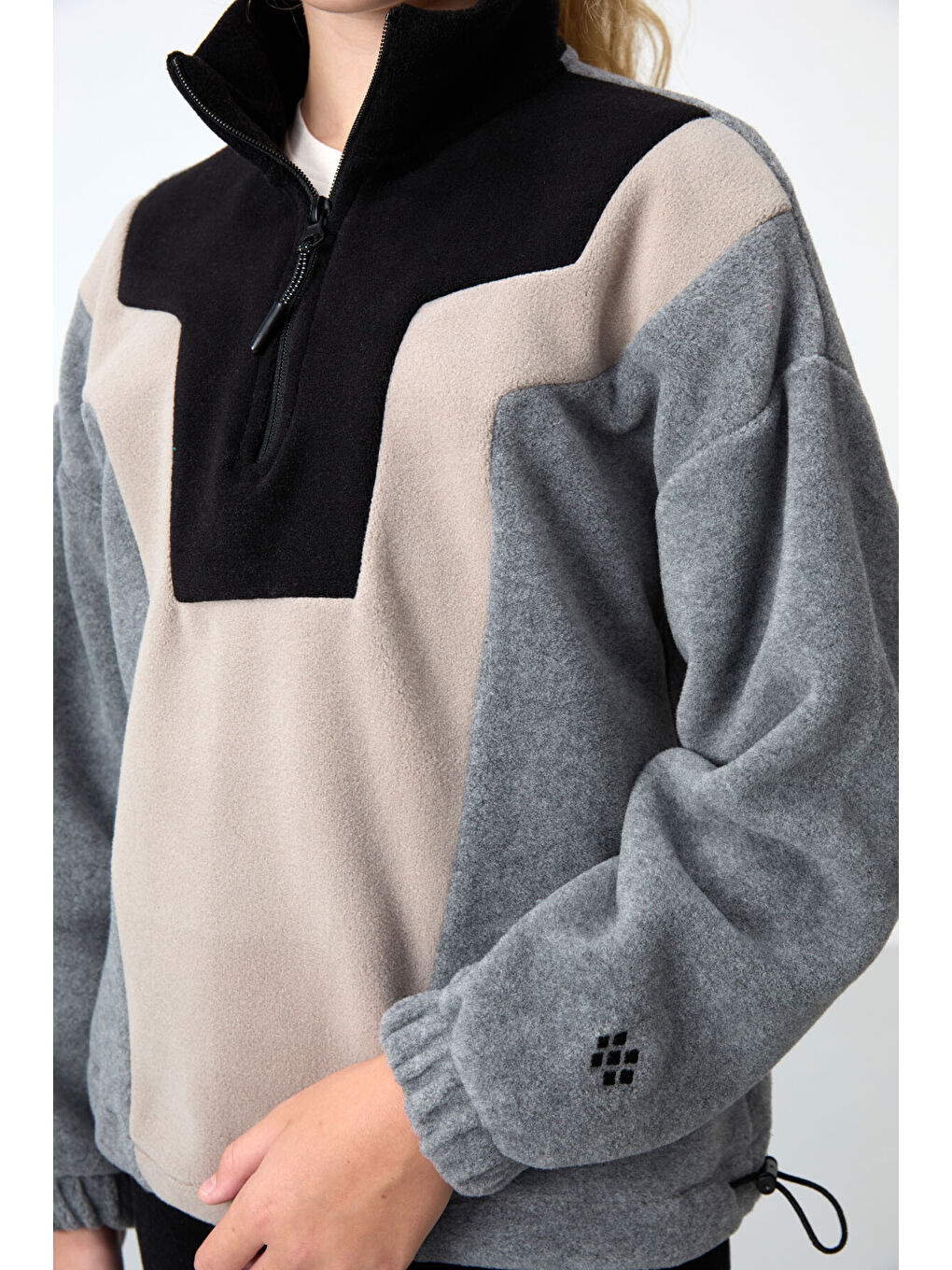 Gri Melanj Kalın Yumuşak Dokulu Oversize Nakışlı Polar Kız Çocuk Sweatshirt - 75153-3