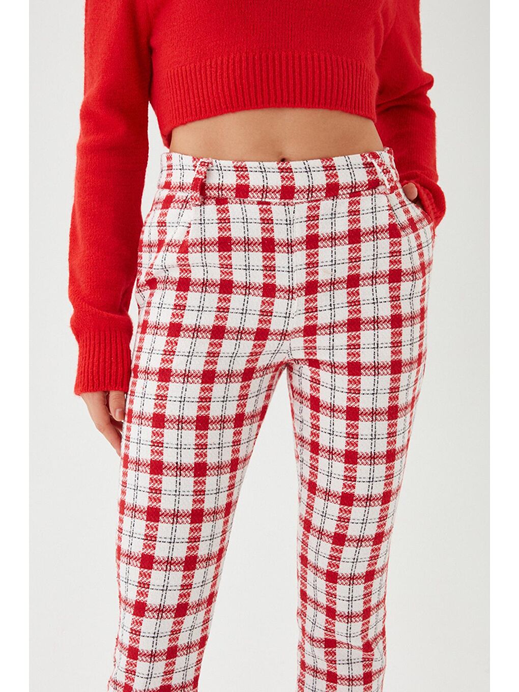 Kadın Kırmızı Ekose Desen Düğmeli Klasik Pantolon-1