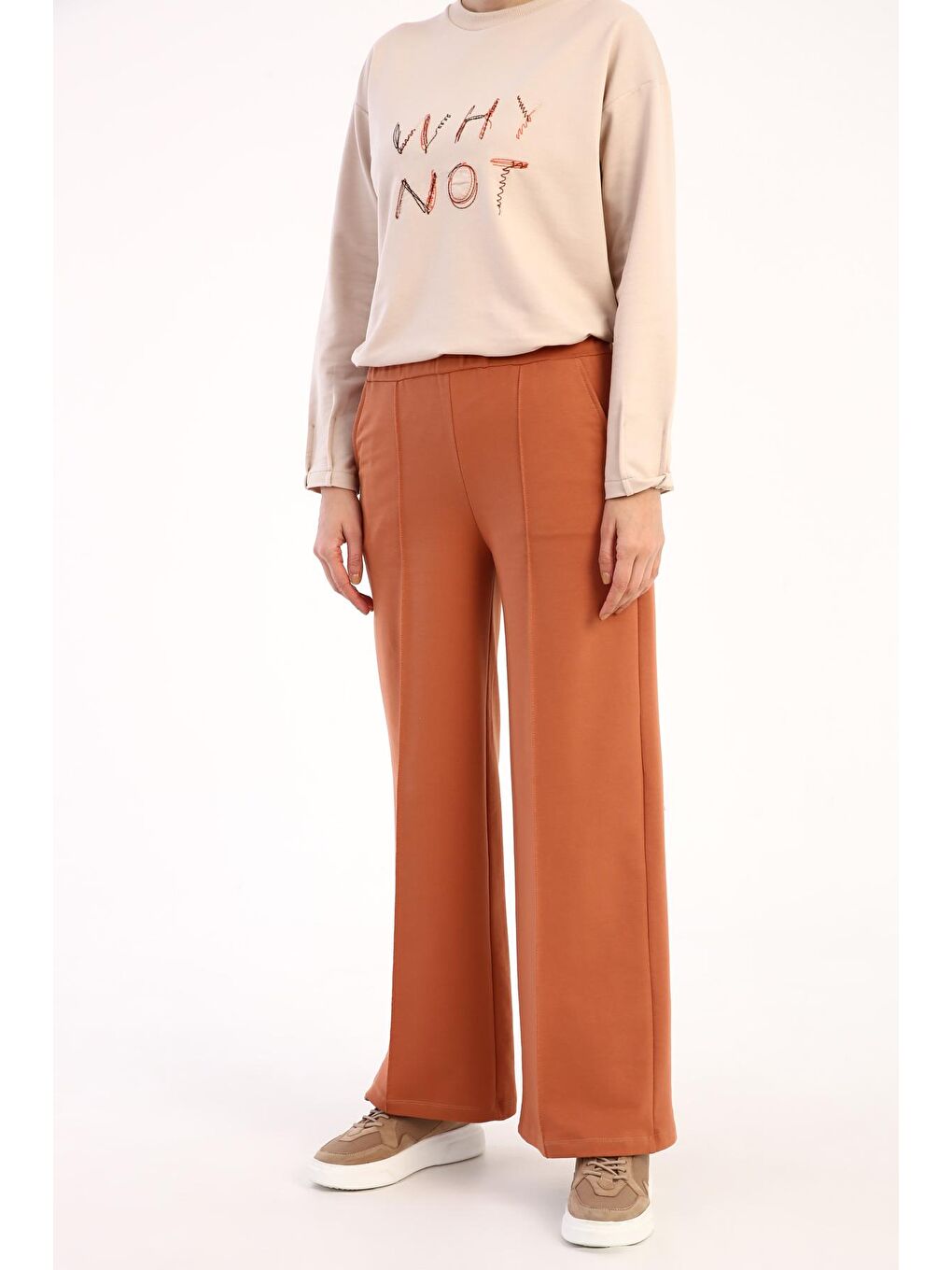 Kahverengi Kiremit Çimalı Cepli Bol Paça Eşofman Altı-1