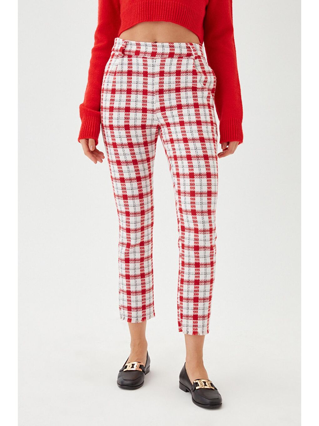 Kadın Kırmızı Ekose Desen Düğmeli Klasik Pantolon-3