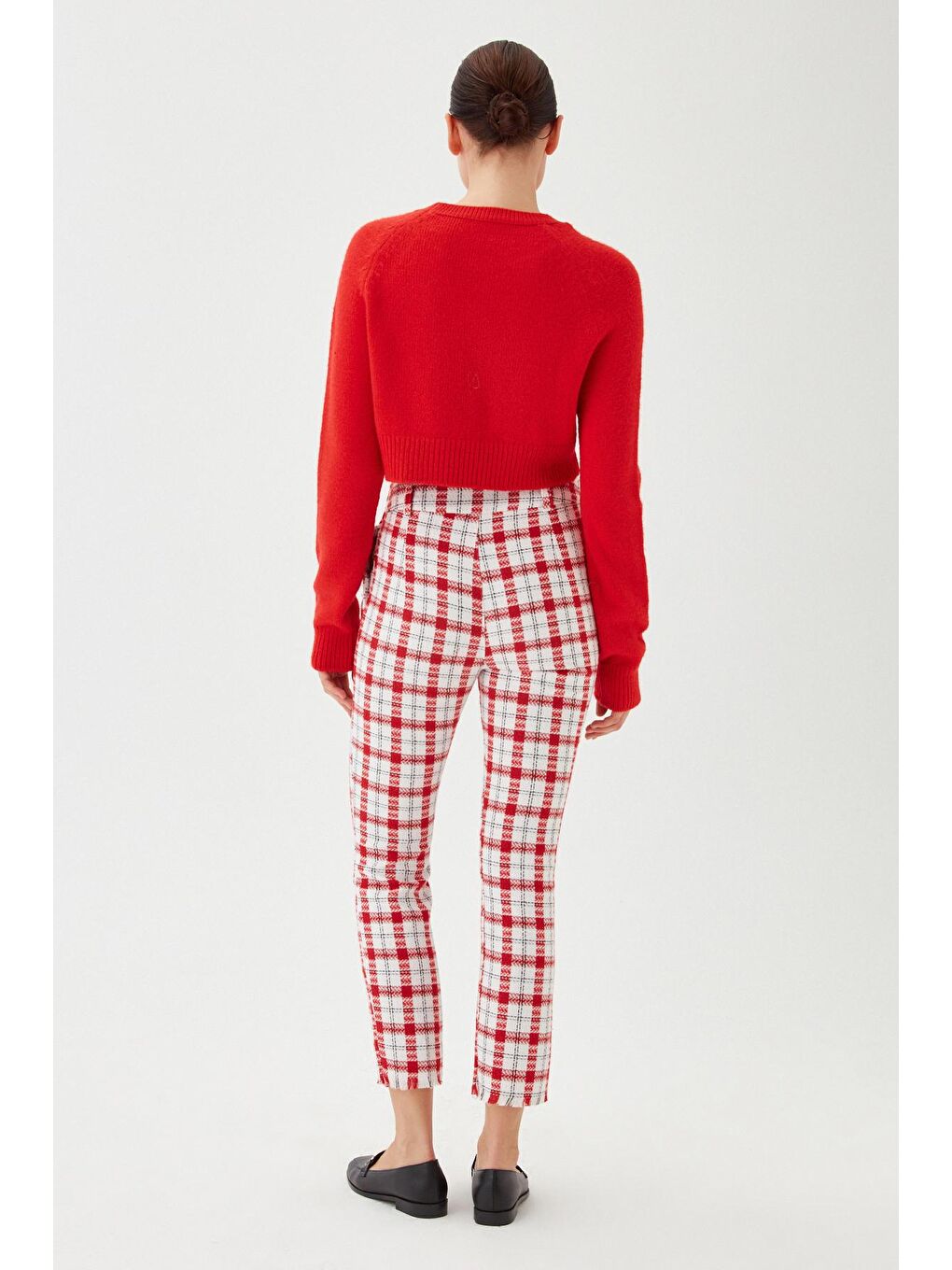 Kadın Kırmızı Ekose Desen Düğmeli Klasik Pantolon-4