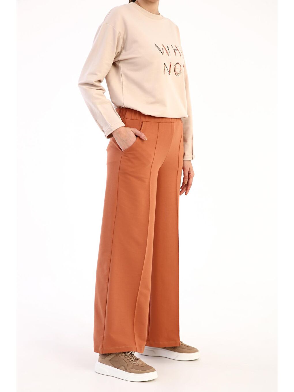 Kahverengi Kiremit Çimalı Cepli Bol Paça Eşofman Altı-3