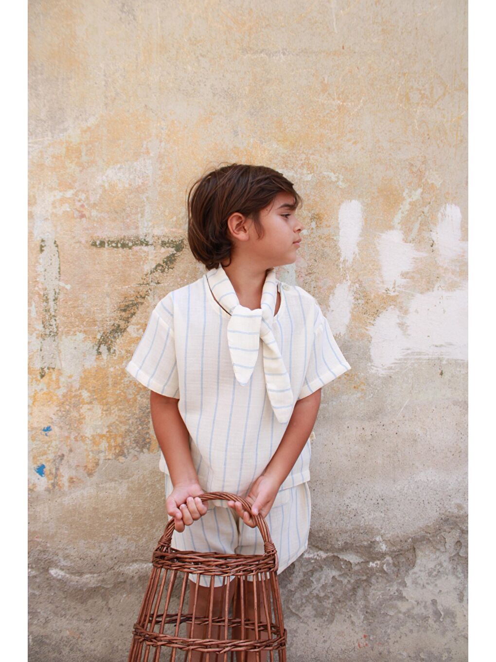 Mavi Çizgili Yaka Bağlamalı Alt Üst Takım