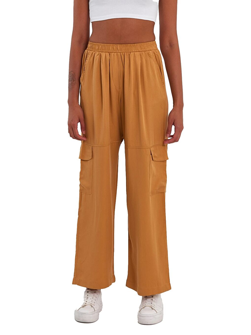Sarı Kadın Beli Lastikli Kargo Cepli Düz Paça Pantolon