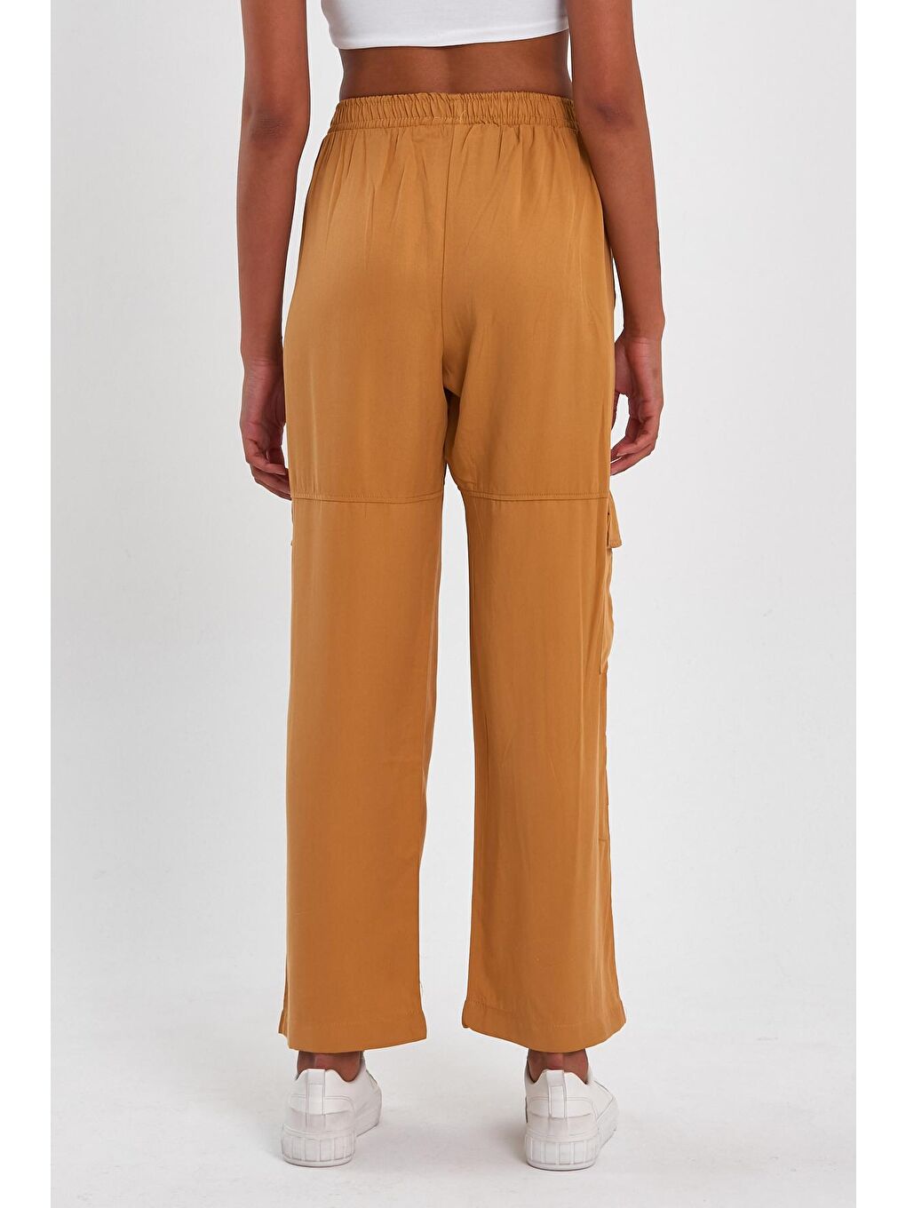 Sarı Kadın Beli Lastikli Kargo Cepli Düz Paça Pantolon-4