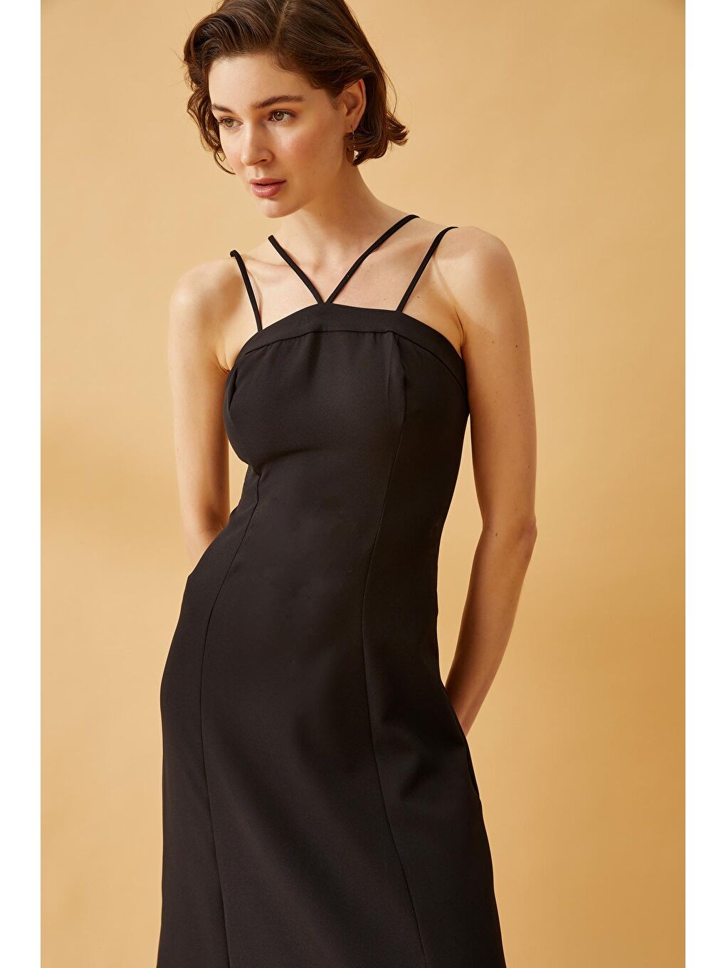 Siyah Kadın Straplez Ayarlanabilir Askılı Uzun Elbise-1
