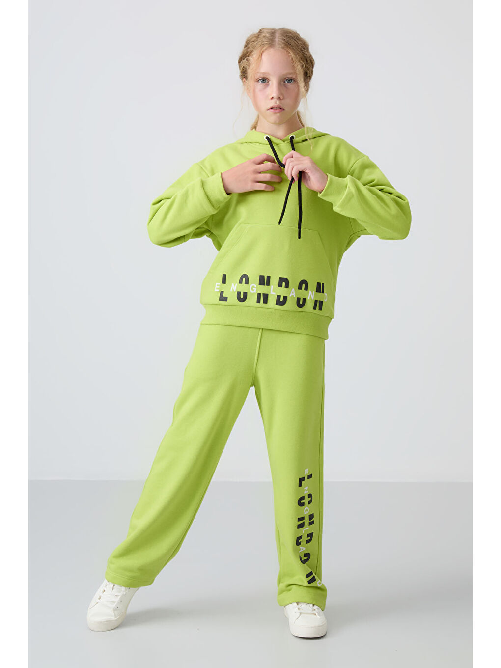 Lime Yeşil Pamuklu İçi Tüylü Yumuşak Dokulu Oversize Baskılı Kız Çocuk Eşofman Takım - 75147-2