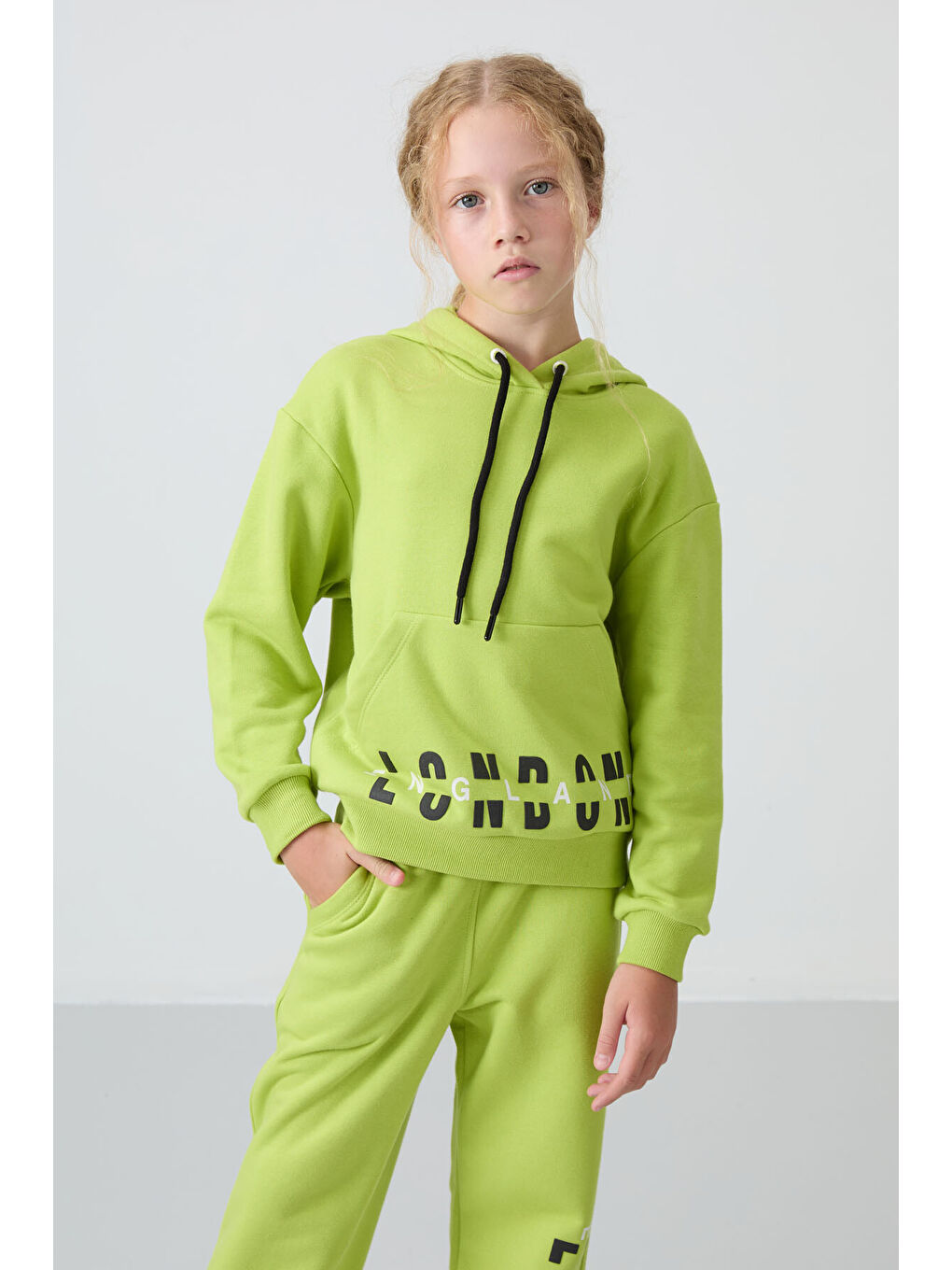 Lime Yeşil Pamuklu İçi Tüylü Yumuşak Dokulu Oversize Baskılı Kız Çocuk Eşofman Takım - 75147-4