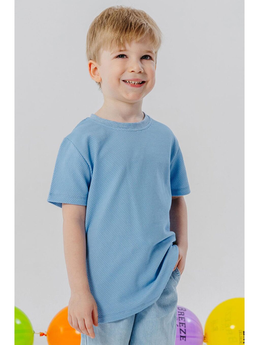 Erkek Çocuk Tişört Bal Peteği Desenli Açık Mavi (7 Yaş)