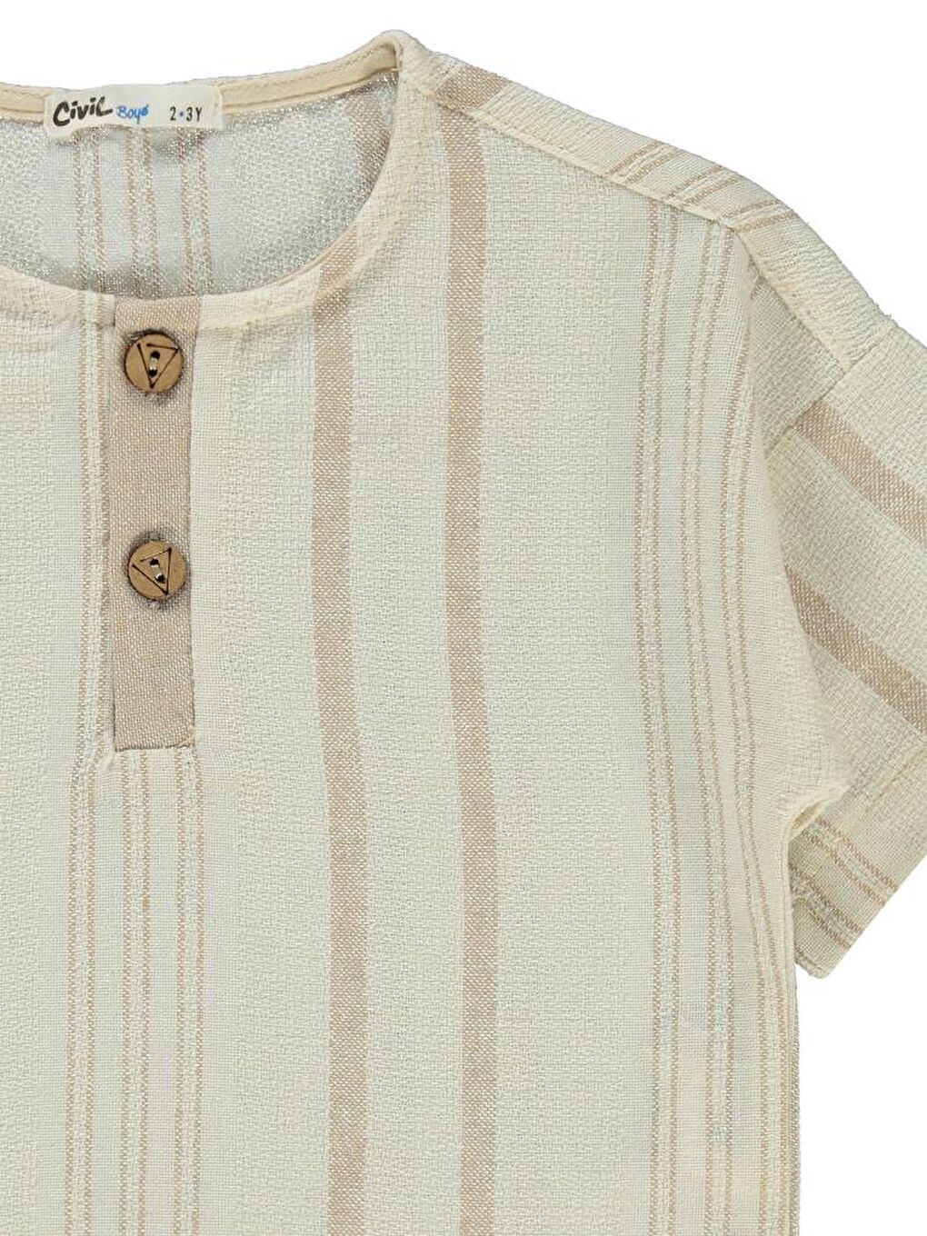 Bej Boys Çizgili Süs Düğmeli 2-5 Yaş Tişört-4