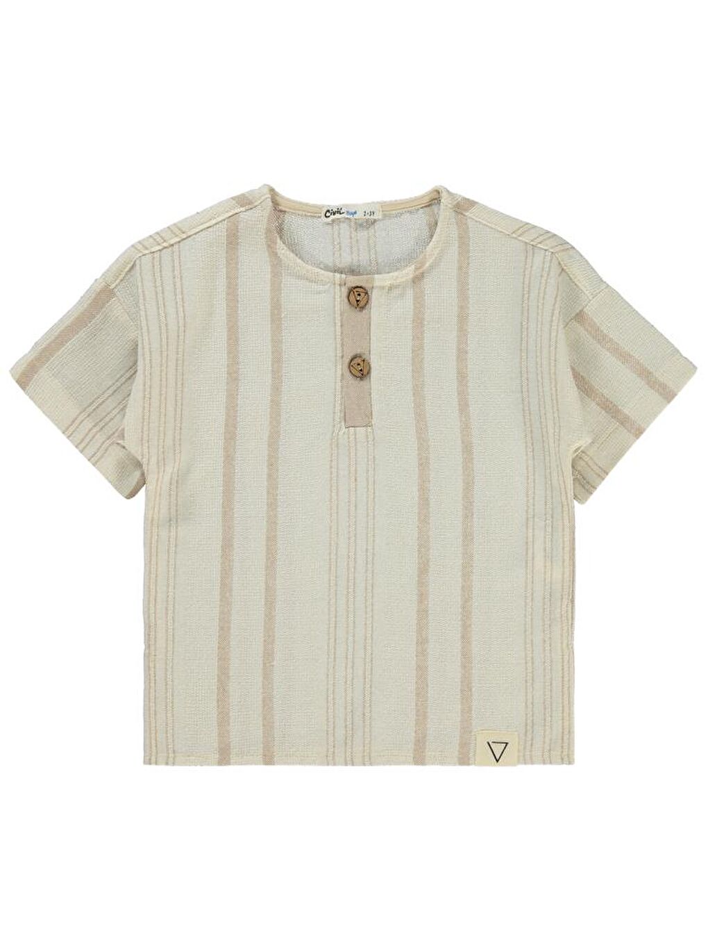 Bej Boys Çizgili Süs Düğmeli 2-5 Yaş Tişört-5