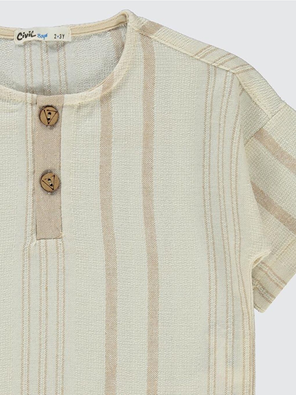 Bej Boys Çizgili Süs Düğmeli 2-5 Yaş Tişört-7