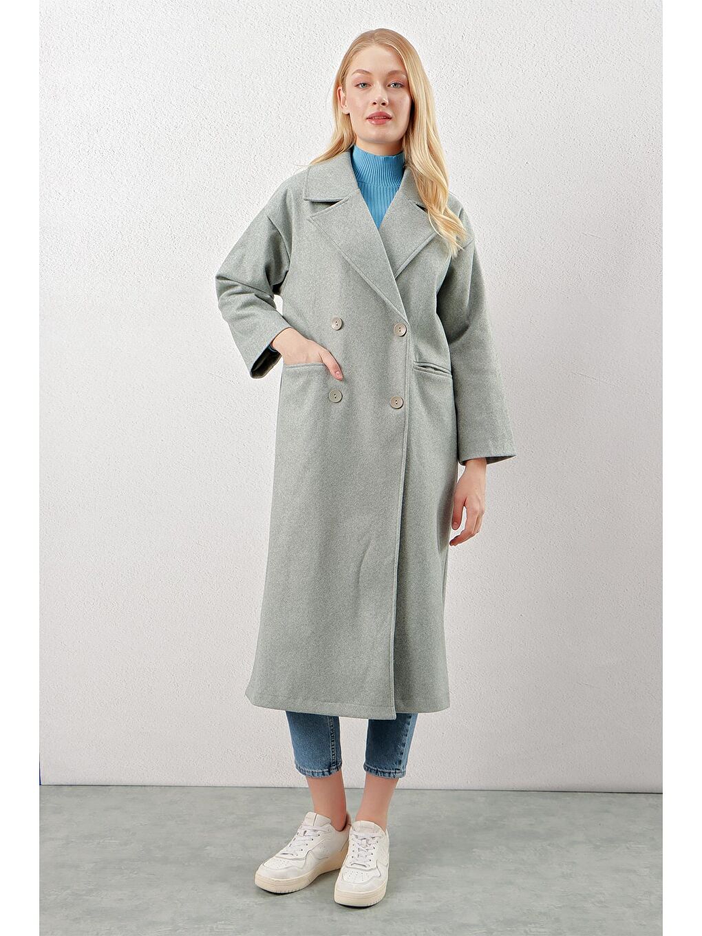 Turkuaz Su Yeşili Çift Düğmeli Kuşaklı Cepli Uzun Kaşe Kaban-1