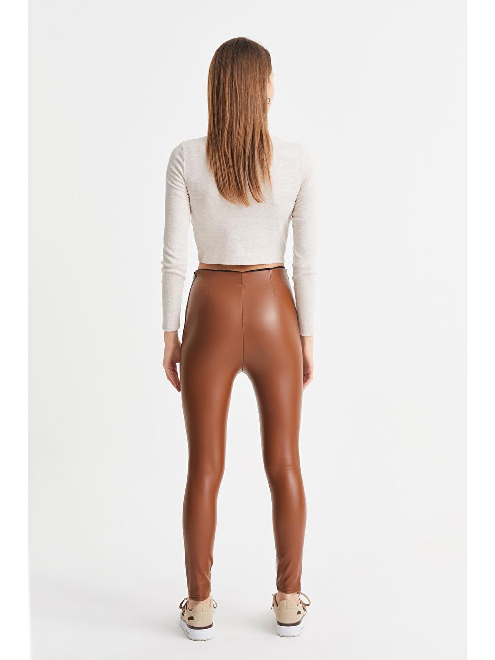 Kahverengi Kadın Taba Yanı Fermuarlı Dar Paça Deri Tayt-3