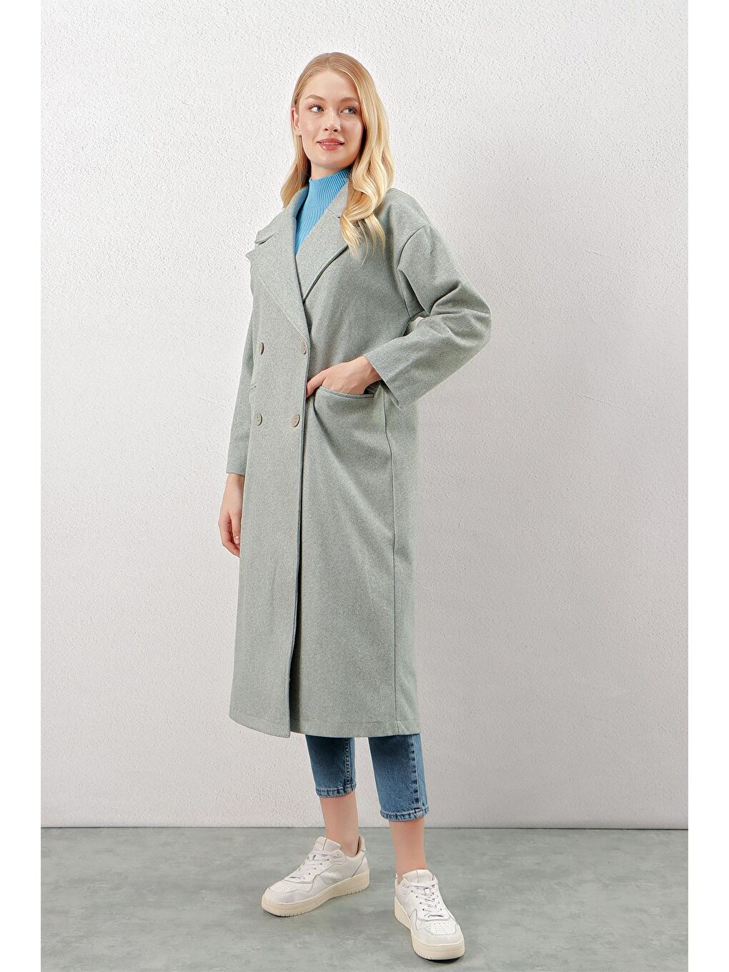 Turkuaz Su Yeşili Çift Düğmeli Kuşaklı Cepli Uzun Kaşe Kaban-2