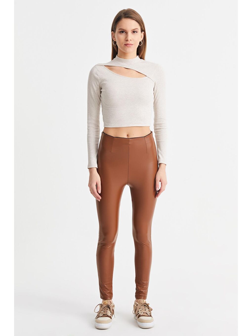 Kahverengi Kadın Taba Yanı Fermuarlı Dar Paça Deri Tayt-4