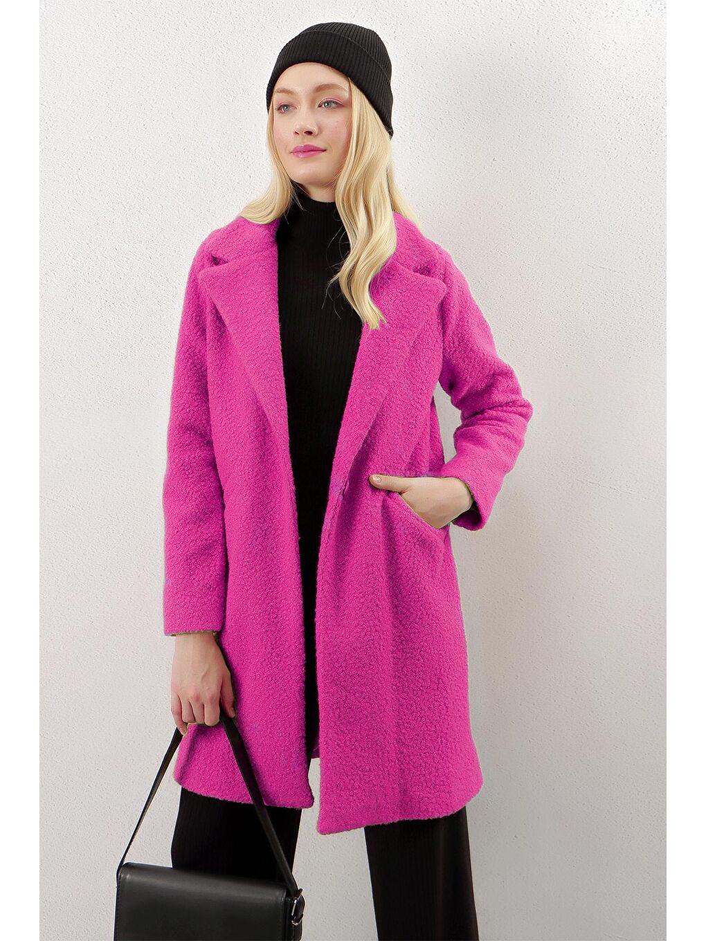 Fuşya Tek Düğmeli Astarlı Cepli Kaşe Kaban