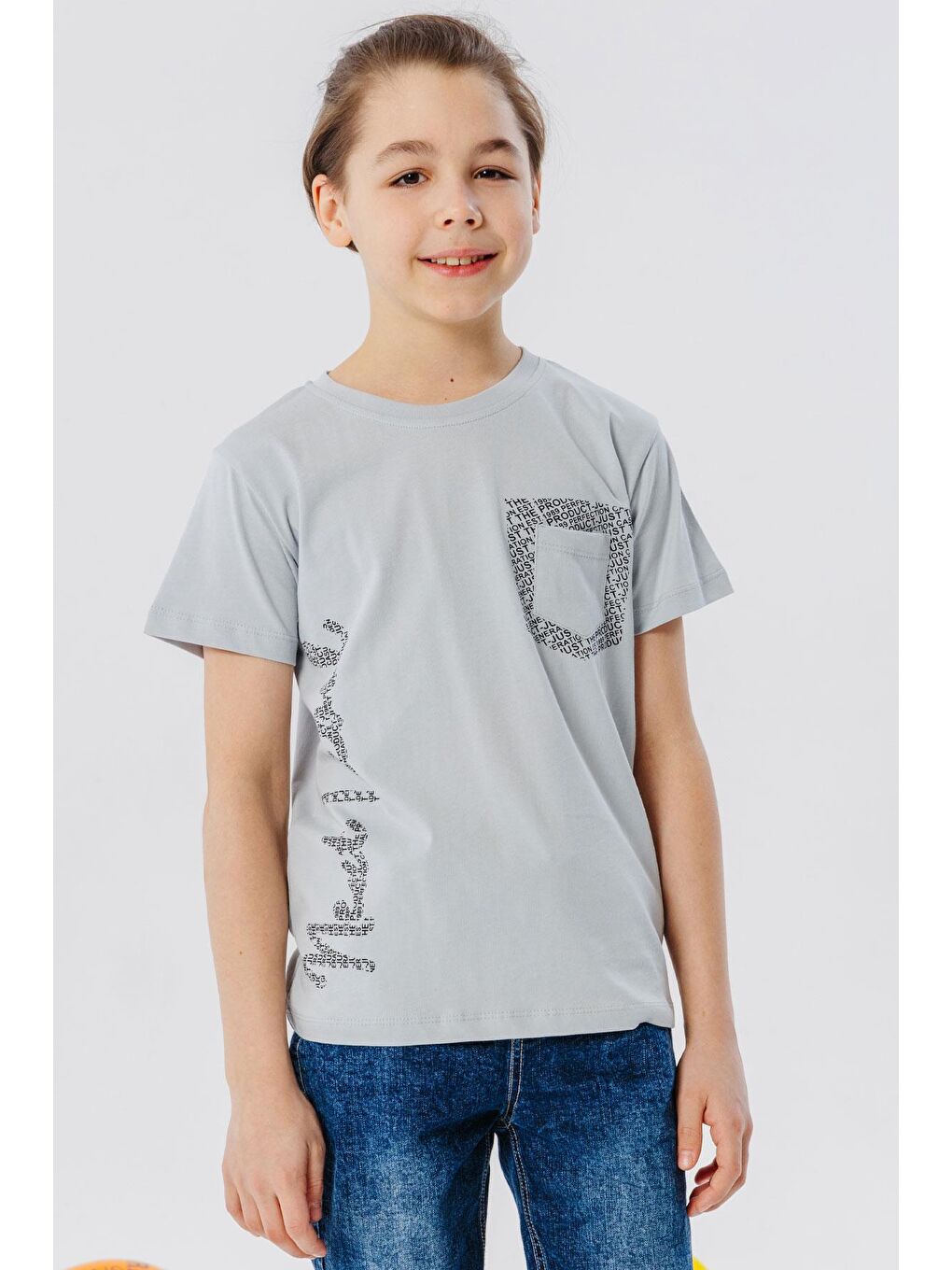 Erkek Çocuk Tişört Yazı Baskılı Cepli Gri (8-12 Yaş)