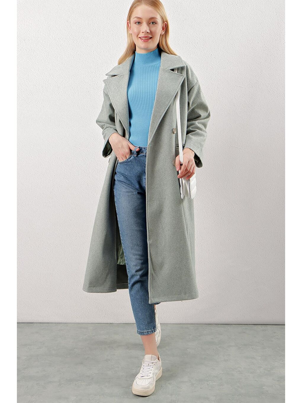 Turkuaz Su Yeşili Çift Düğmeli Kuşaklı Cepli Uzun Kaşe Kaban-3