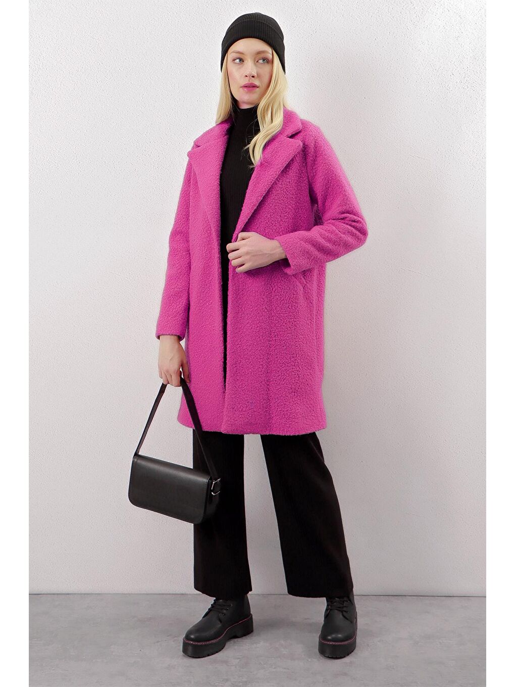 Fuşya Tek Düğmeli Astarlı Cepli Kaşe Kaban-1