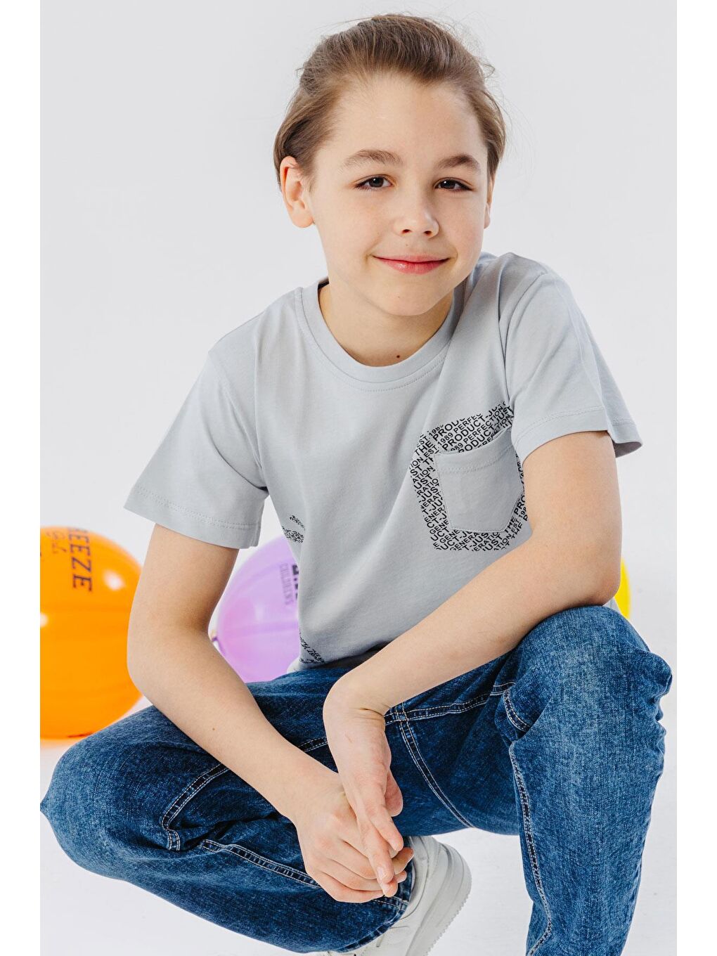 Erkek Çocuk Tişört Yazı Baskılı Cepli Gri (8-12 Yaş)-2