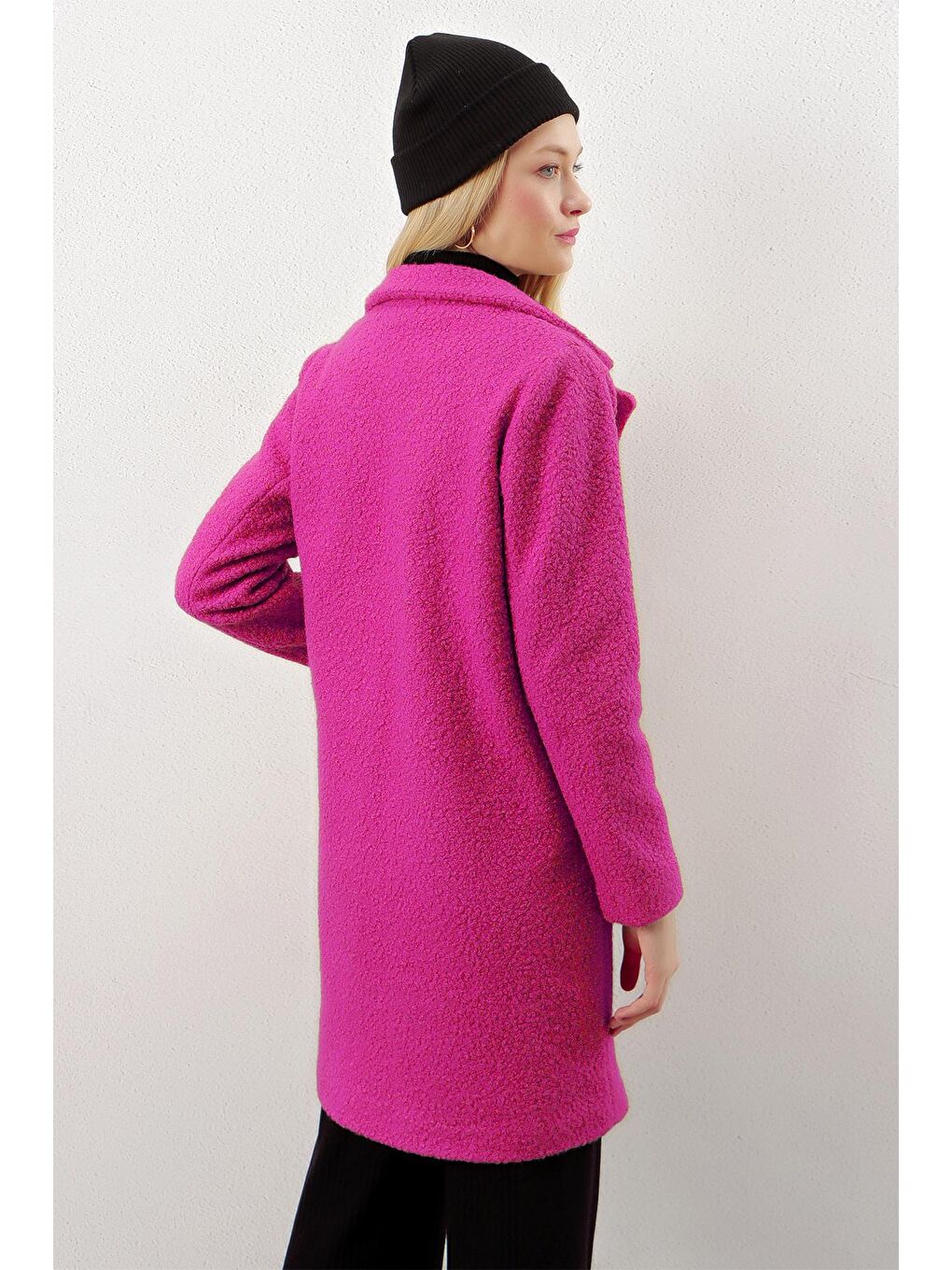 Fuşya Tek Düğmeli Astarlı Cepli Kaşe Kaban-2