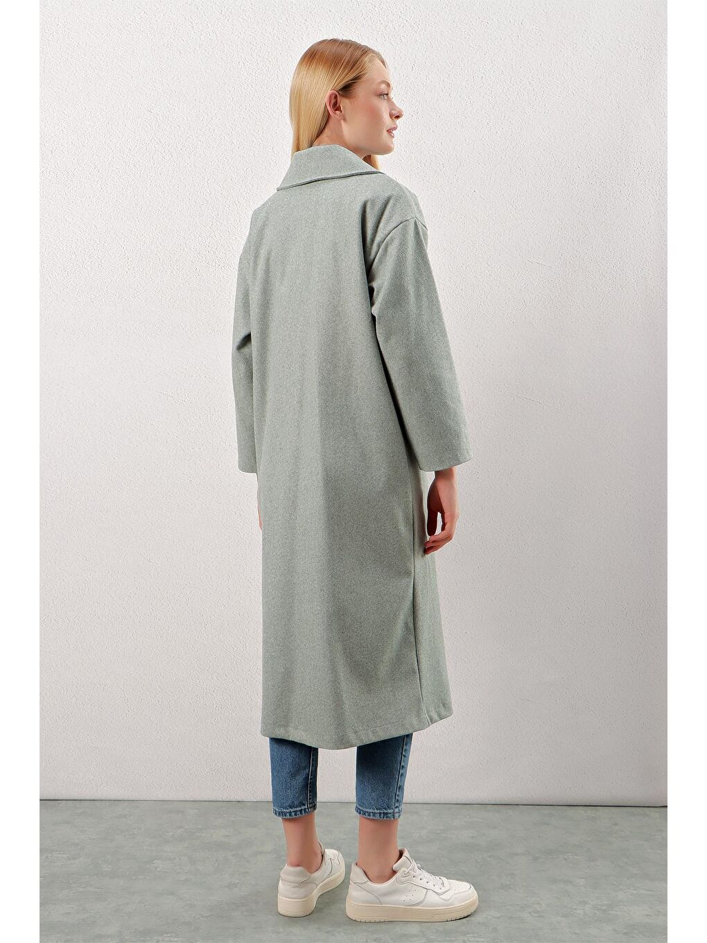 Turkuaz Su Yeşili Çift Düğmeli Kuşaklı Cepli Uzun Kaşe Kaban-4