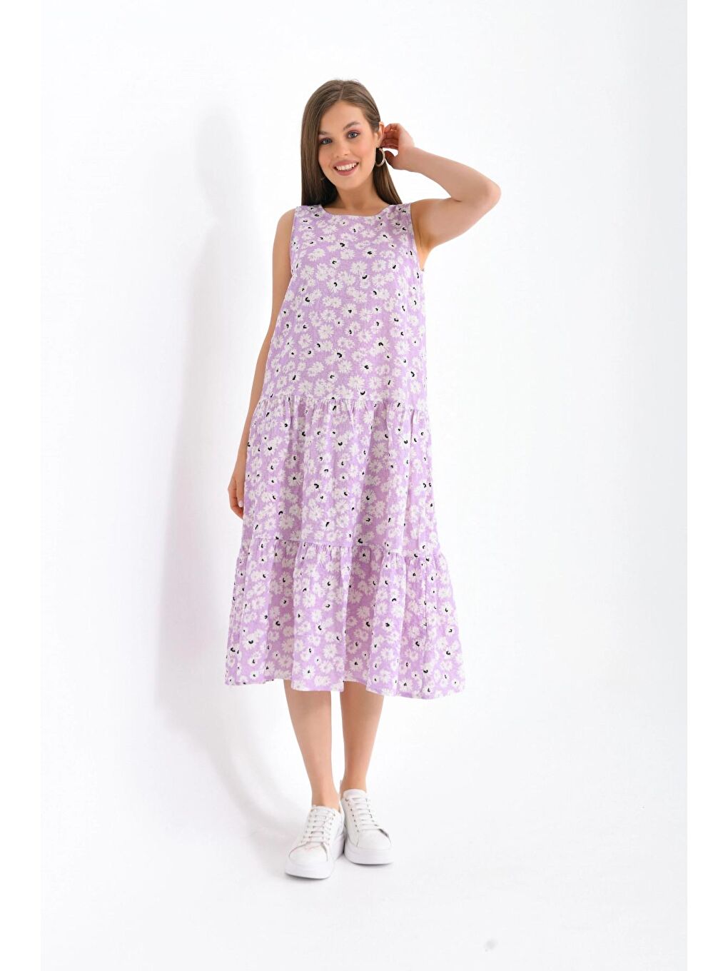 Kadın Lila Papatyalı Uzun Elbise