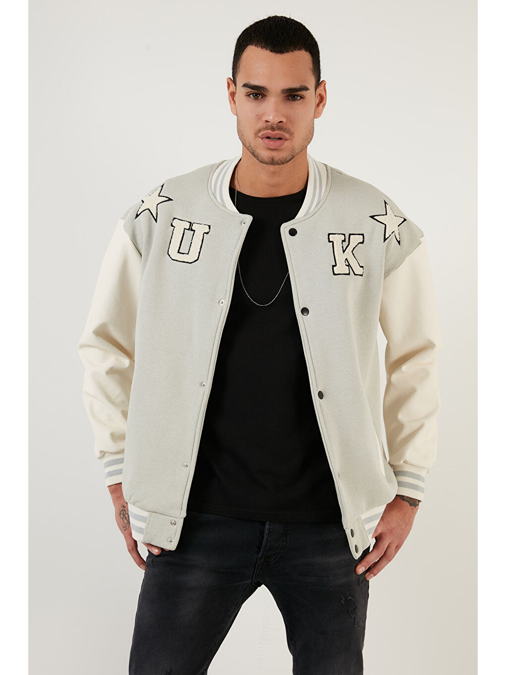 Gri Oversize Kolej Yaka Cepli Bomber Ceket 628MNH178-6